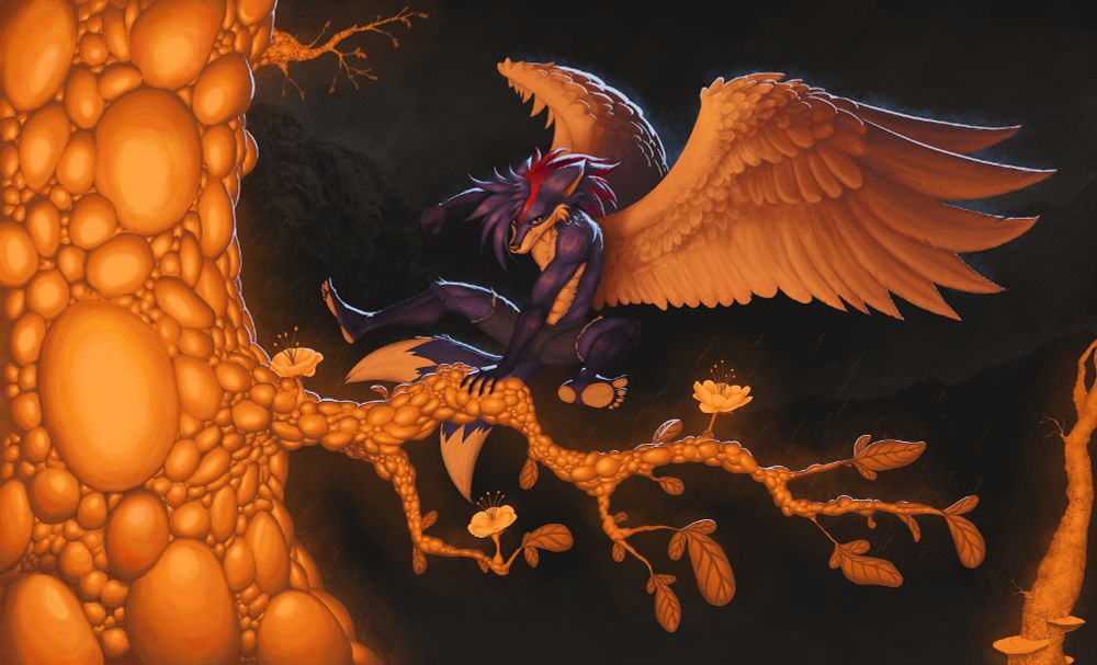 Digital painting featuring a blue and red furry character with large wings landing on a branch of a tree. The tree is glowing and alien, with a stone or bubble-like structure. It has glowing leaves and flowers along the branch.
