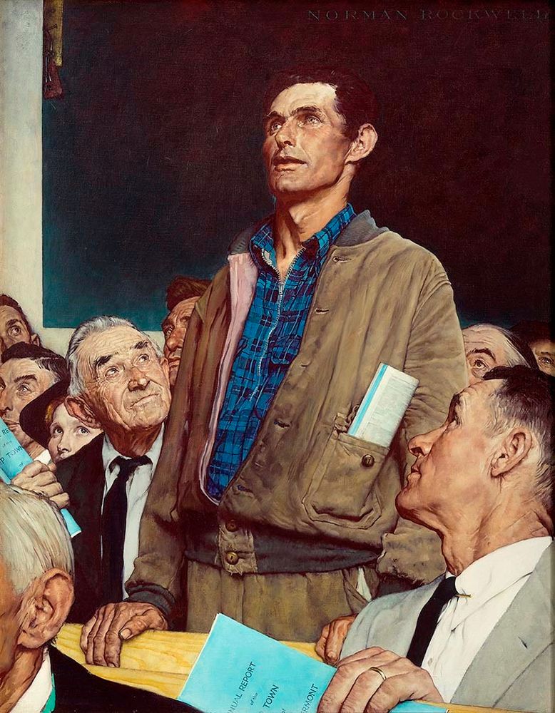 "Freedom of Speech" by Norman Rockwell, 1943. A man is standing up in a small crowd of sitting people, appearing to speak, while the others look up at him.