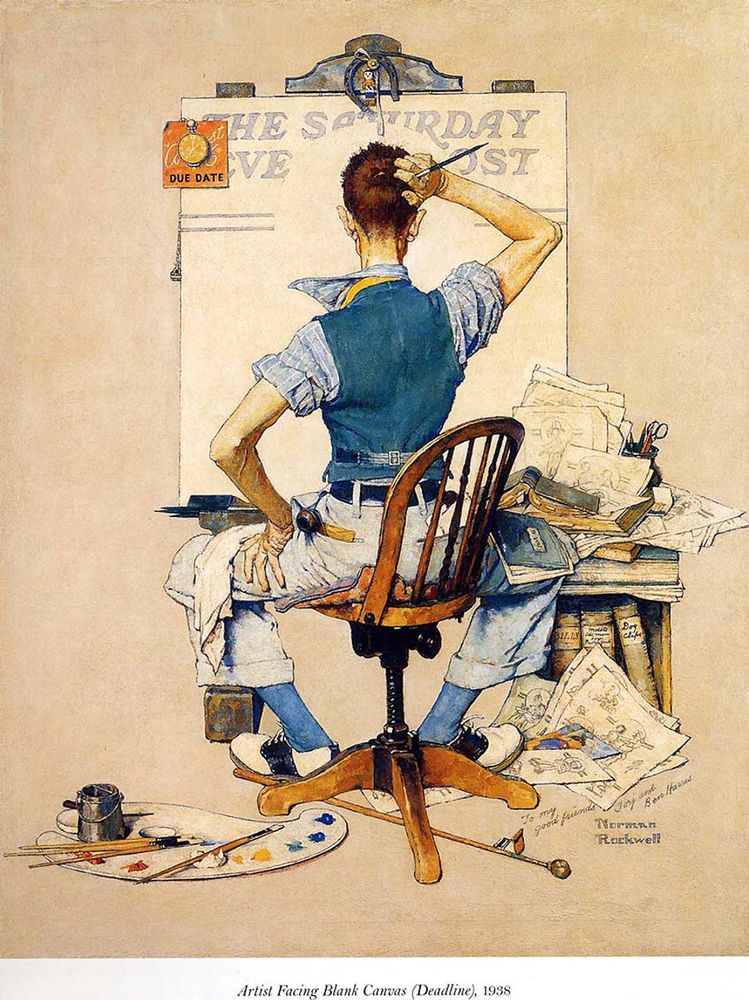 "Blank Canvas" by Norman Rockwell, 1938. Depicts a scrawny artist scratching their head and looking over a blank page for the Saturday Morning Post.