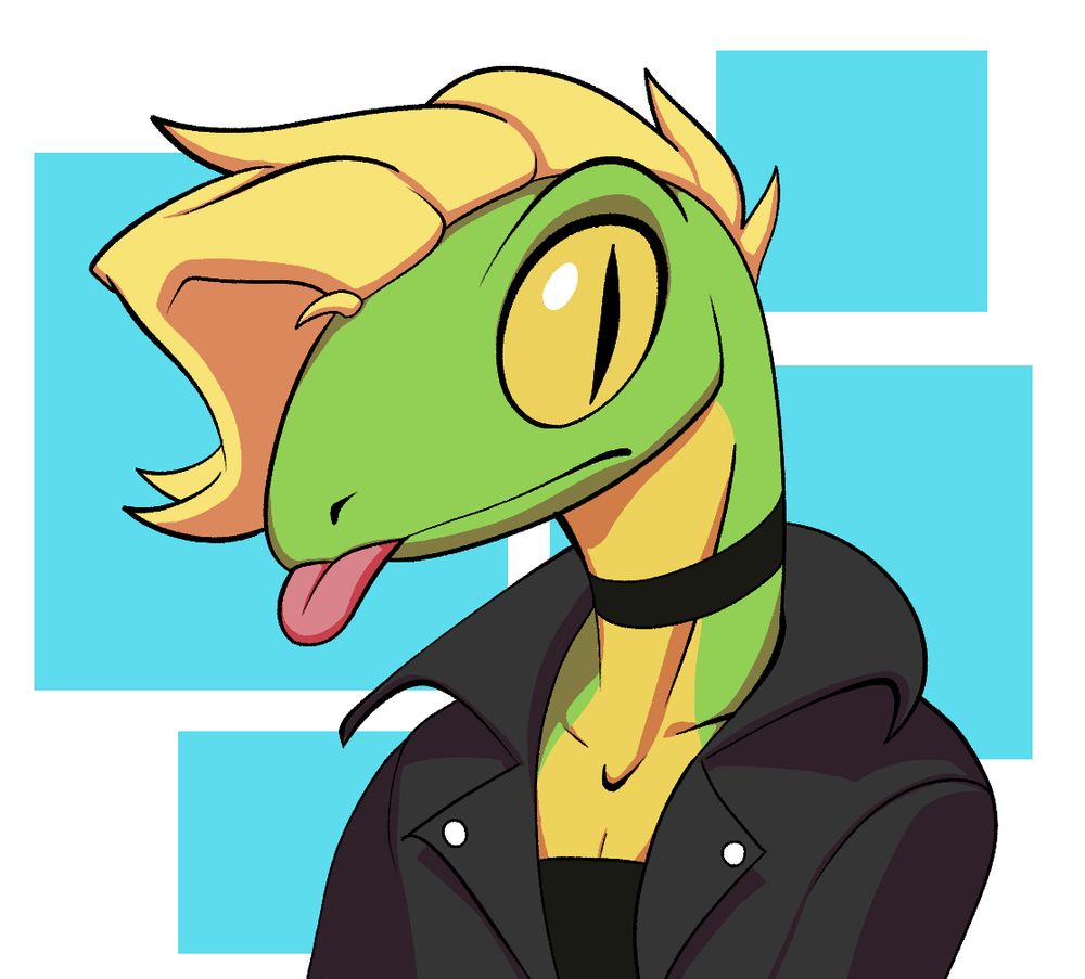 Green anthropomorphic lizard with some yellow markings resembling a gecko. They have big yellow eyes, swept blonde hair, and sticking their tongue out in a "blep" motion. They have a thin black collar and an open black jacket with a cropped black top underneath. The background is 4 cyan squares of different sizes.