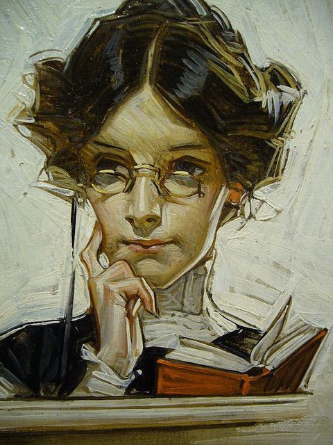 "Head Study" by JC Leyendecker. Depicts a closeup of a skinny woman with glasses looking to our left while holding a small book.