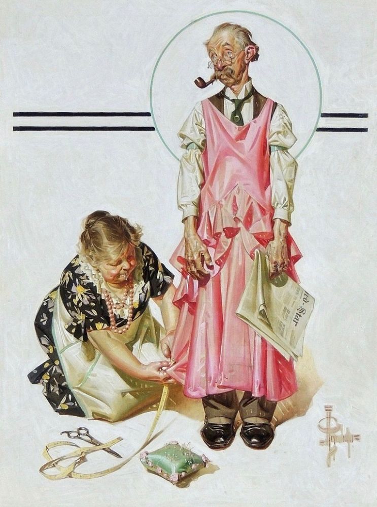 "Living Mannequin" by JC Leyendecker, 1932. Depicts an old woman sewing a pink dress onto a skinny perturbed old man.