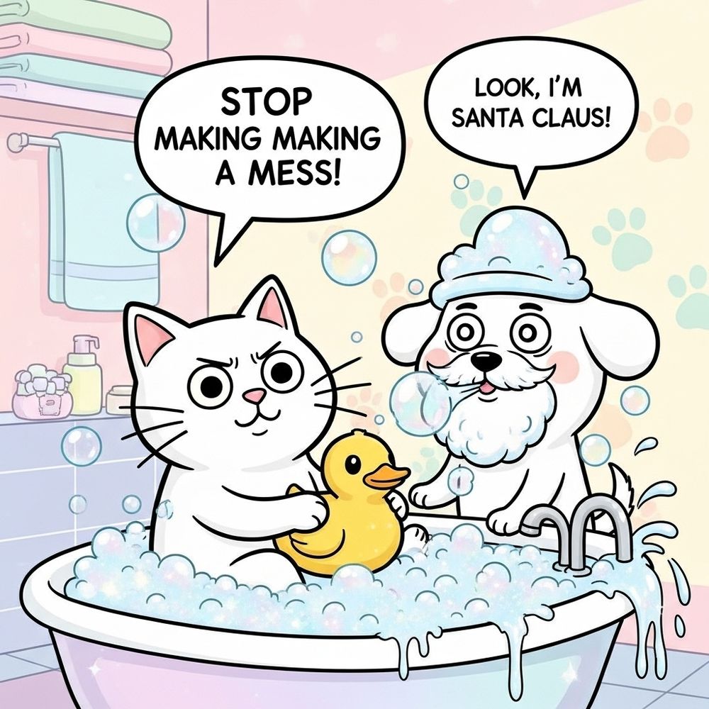 Get ready for adorable chaos with this super cute kawaii cartoon of Milo the cat 😼 and Bo the dog 🤪! Milo is sitting in a pastel bathtub full of bubbles, looking annoyed but still trying to relax with his rubber ducky. Meanwhile, Bo steals the show with his goofy happy face, wearing a bubble hat and beard, splashing water everywhere while blowing bubbles across the room. The pastel bathroom background with towels, paw-print wallpaper, and floating sparkly bubbles makes this design perfect for fans of funny cat & dog comics, kawaii art, and pet humor. Speech bubbles bring the comedy twist:
Milo: “Stop making a mess!”
Bo: “Look, I’m Santa Claus! 🤪🎅🫧”
Perfect for Pinterest boards about cute pets, kawaii cartoons, and funny illustrations.
A super cute kawaii cartoon illustration of Milo the white cat 😼 and Bo the white dog 🤪, drawn in rounded kawaii style with black outlines. Milo is sitting inside a pastel bathtub full of fluffy bubbles, holding a small rubber ducky with an annoyed but calm expression, clearly trying to relax. Next to him, Bo appears with a goofy happy face, wearing a funny bubble hat and a foamy beard, splashing water outside the tub and blowing bubbles everywhere. The background shows a pastel-colored bathroom decorated with towels, paw-print wallpaper, and sparkling floating bubbles that add extra cuteness and detail. This funny scene captures Milo’s serious personality versus Bo’s silly chaotic energy. Speech bubbles add humor: Milo says, “Stop making a mess!” while Bo happily replies, “Look, I’m Santa Claus! 🤪🎅🫧” The kawaii design, pastel colors, and expressive faces make this artwork perfect for fans of funny cat and dog art, kawaii cartoons, and pet lovers who enjoy playful and adorable illustrations. Great for Pinterest boards focused on kawaii artwork, funny pets, bath-time humor, and creative cartoon ideas.