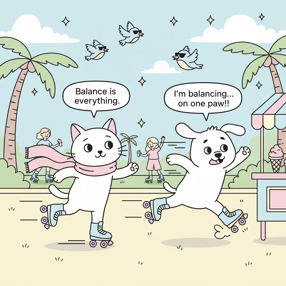 A pastel cartoon scene featuring Milo the cat gracefully roller skating with a scarf flowing, and Bo the dog zooming clumsily toward an ice cream cart, one skate flying off. The park background includes doodle sparkles, palm trees, and cheerful sunny vibes — a fun and kawaii pet duo moment.