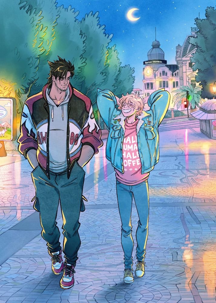 My OCs Lucas and Miguel on a night walk in Paseo de los Alamos, Oviedo