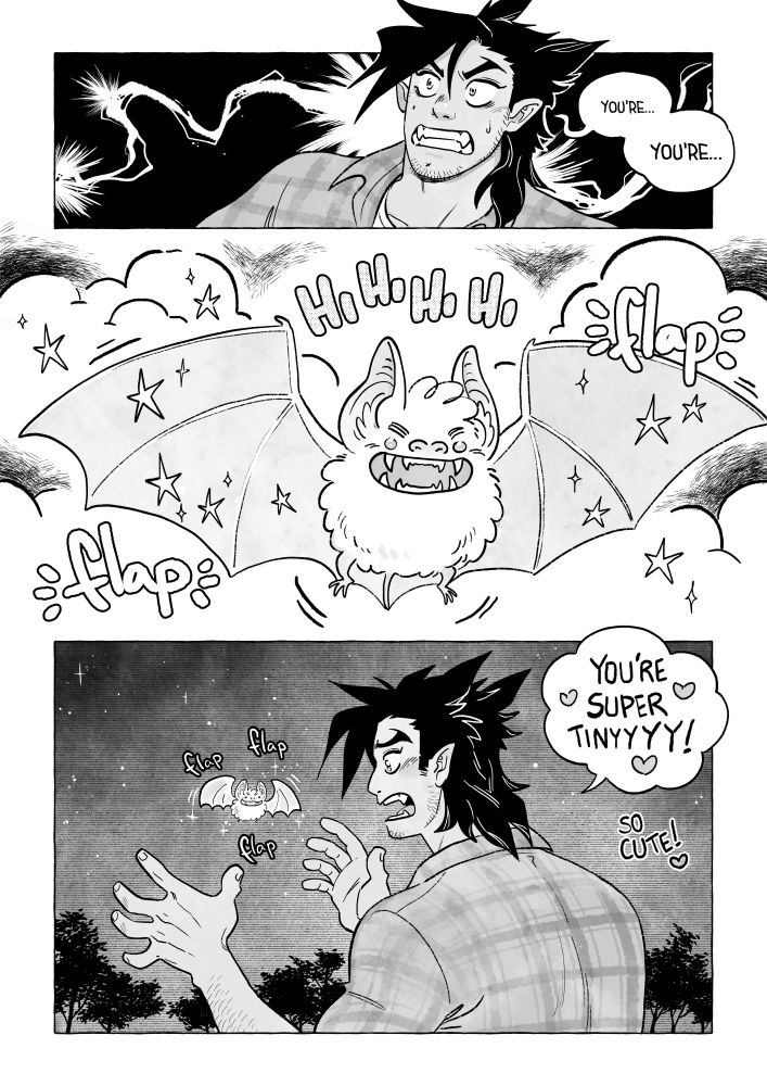 Lucas is shocked!
Miguel has turned into a bat! 
But he's super super small and fluffy and cute!
