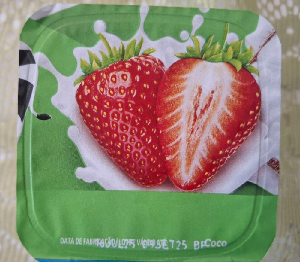 Pote de iogurte com dois morangos na ilustração e um coco ao fundo. Está informando que é sabor coco no cantinho direito 