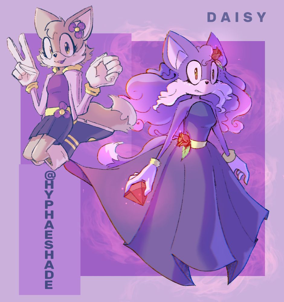 Daisy is a gray fox, a sonic OC created when I was little. She has purple flowers on her head and on her belt. She wears a skirt-dress, a sweater, gloves, and boots, all of which have a purple-yellow color scheme. Her hair and cheek tufts are short, and her eyes are purple and yellow.
In her super form, she wears a dress and the same gloves. Her flowers are transformed into gold-tipped roses. Her hair and cheek tufts grow longer, and her fur color changes to purple. Her eyes are now gold and red. The dress is too long to see her shoes. An aura surrounds her, as well as the red chaos emerald she is holding.