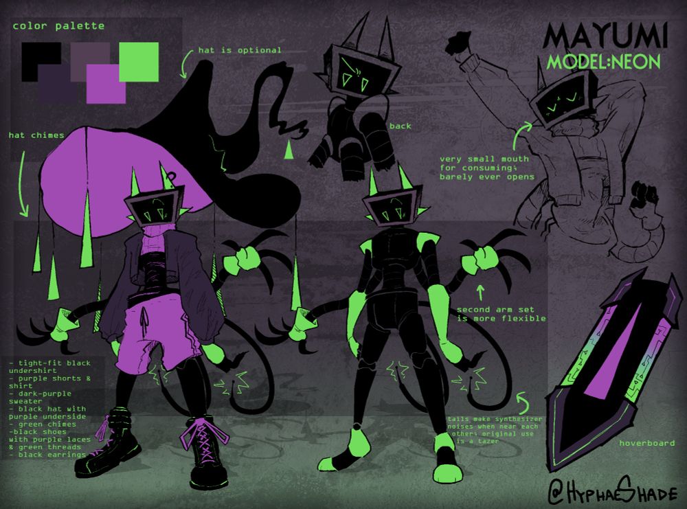 A new model of Mayumi; previous one was Model:Stars, current is Model:Neon. Color scheme is black, purple, and green [my favorite colors]. Body is mostly black and green whereas the clothing contains purple. Design is focused on doubles, like two sets of arms and two tails. Design is sharp overall compared to Model:Stars; contains many triangles. Hoverboard has similar design elements: black-purple-green, triangles, etc.