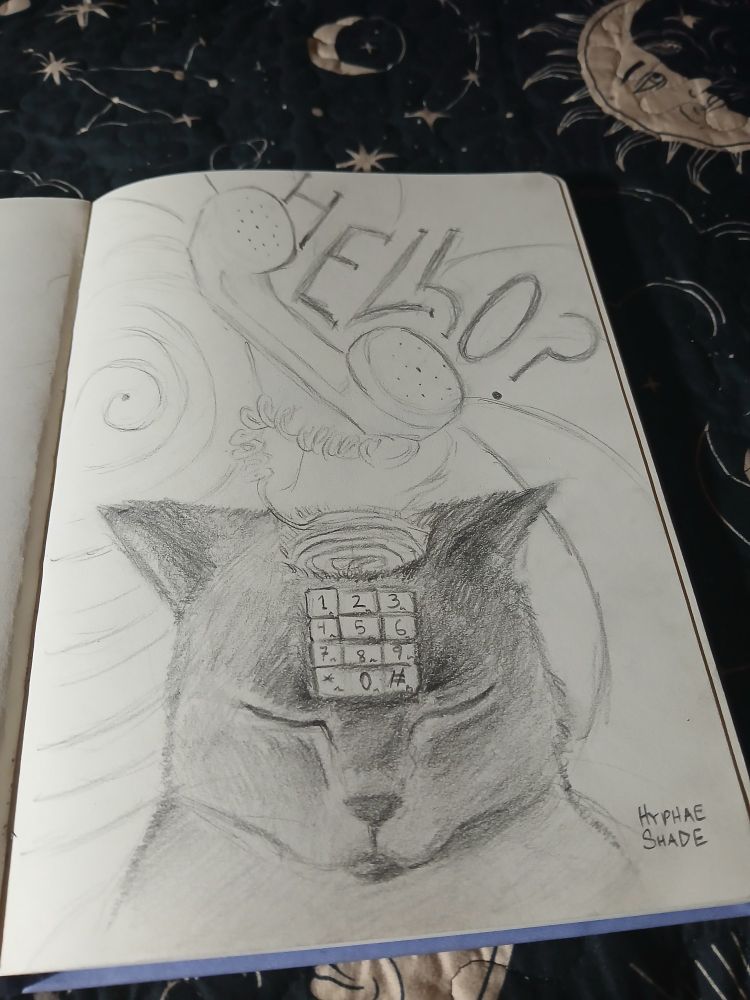 Cat sketch with a keypad on its forehead, and a spiraling cord from its head leading to a landline phone. "Hello?" is written next to the phone.