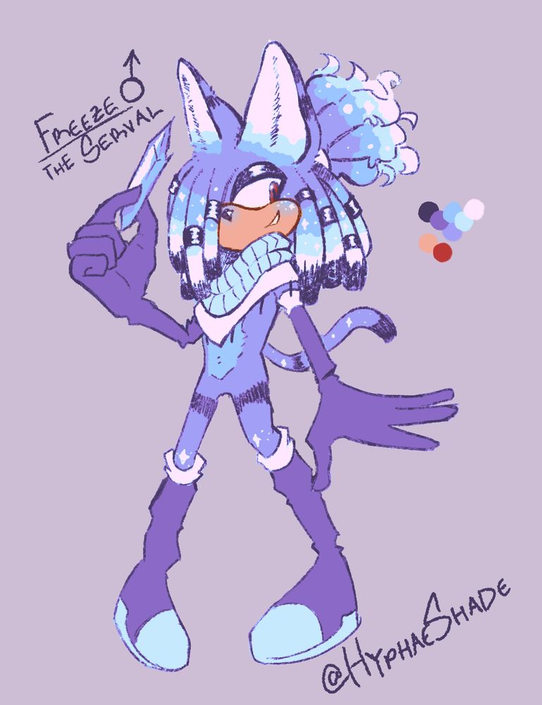Freeze, a serval sona with cryokinesis. They have long purple boots and gloves, a scarf and a poncho. Their dreads have a purple-blue-white-dark purple gradient, decorations and flecks of ice. Their fur is a bluish purple. 