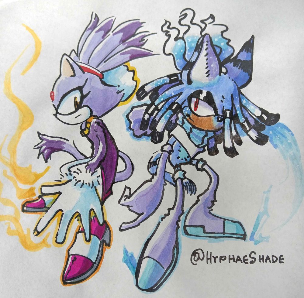 Blaze the Cat doing a Sonic pose, and Freeze the Serval [OC] doing a Shadow pose. Drawing created via Alcohol Markers.