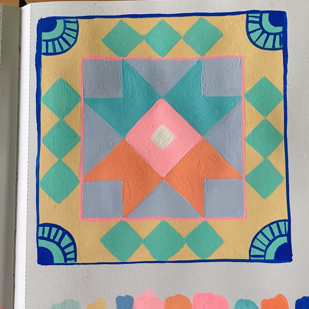 A closeup of the quilt block painting. Could use better contrast.