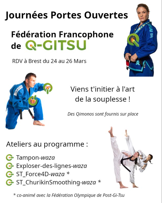 Affiche des Journées Portes Ouvertes de la Fédération Francophone de Q-GITSU.

"Viens t'initer à l'art de la souplesse !
Des Qimonos sont fournis sur place"

En-haut à droite, une femme habillée en kimono bleu arbore fièrement une médaille QGIS.

Au-milieu à gauche : un homme se prépare avec des logos de QGIS autour des mains.

En-bas: Ateliers au programme :

Tampon-waza
Exploser-des-ligne-waza
ST_Force4D-waza*
ST_ChurikinSMoothing-waza*

*co-animé avec la Fédération Olympique de Post-Gi-Tsu

En-bas à droite : un homme et une femme en kimono blanc font des pirouettes, une jambe très haute en l'air, façon high-kick.