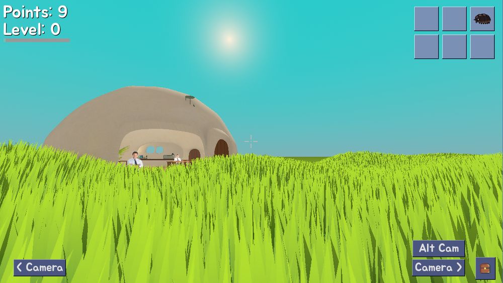 View of the museum with a big window, from outside in some grass. Screenshot of in development game