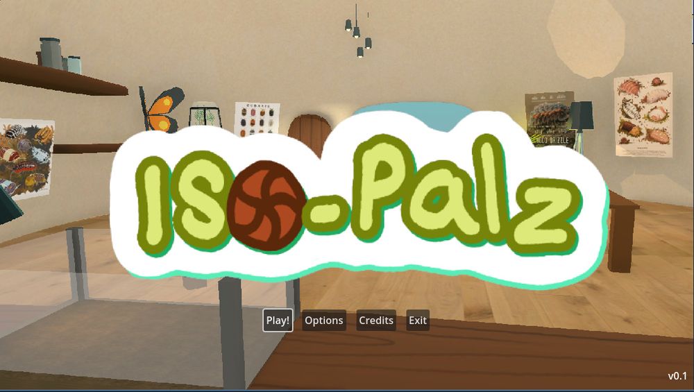 Temporary main menu screen for isopalz with the logo large and the background of the game. Options for play, options, credits, and exit