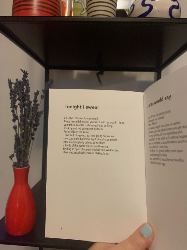 Chapbook opened to the poem “Tonight I swear.”
