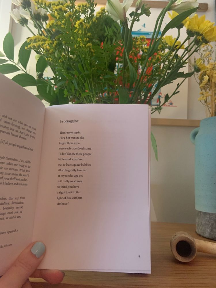 Chapbook opened to the poem “Frociaggine.”