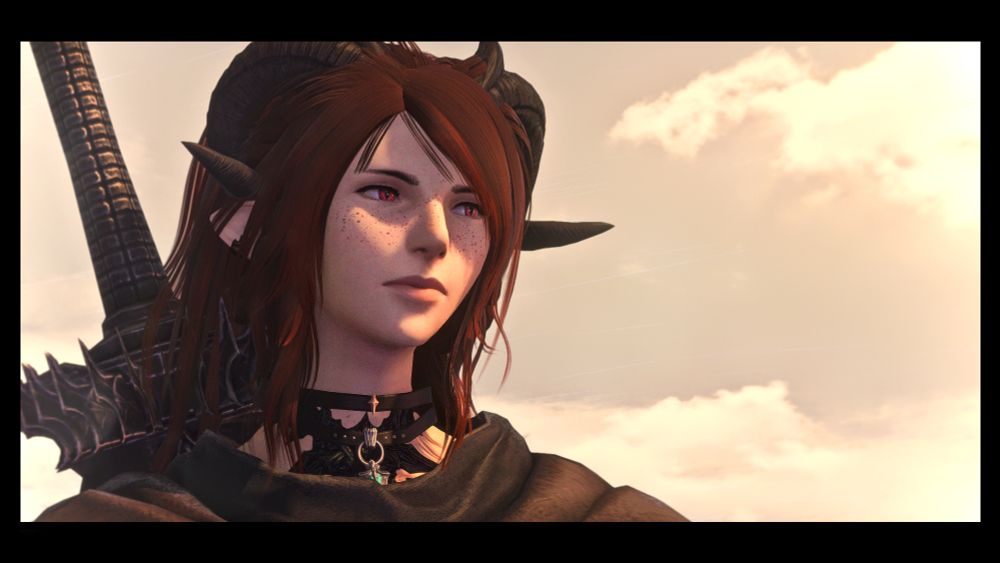 a photo from within the mmorpg final fantasy 14 of an elezen woman with curling dragon horns. bathed in the pale oranges of a faded sunset, she looks toward an unseen horizon, distant and estranged from the viewer as the expression she wears.