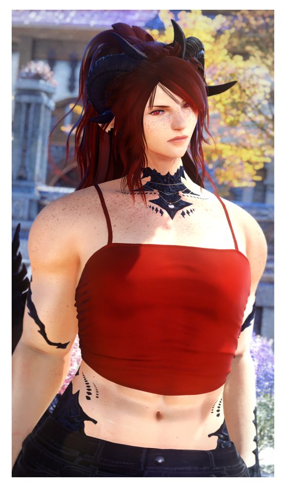 a waist-up portrait photo of a dragon-blooded elezen woman in the daytime of ishgard. her red-slitted eyes burn a hole into you, her face one half displeased and one half derisive. her head is cocked to the side, shoulders somewhat slouches as she sets her hands on her hip like a punk. she's wearing a bright red tank top which fails to cover her midriff, a multi-chained gold necklace with an asexual flag pendant, and mid-waisted black pants.