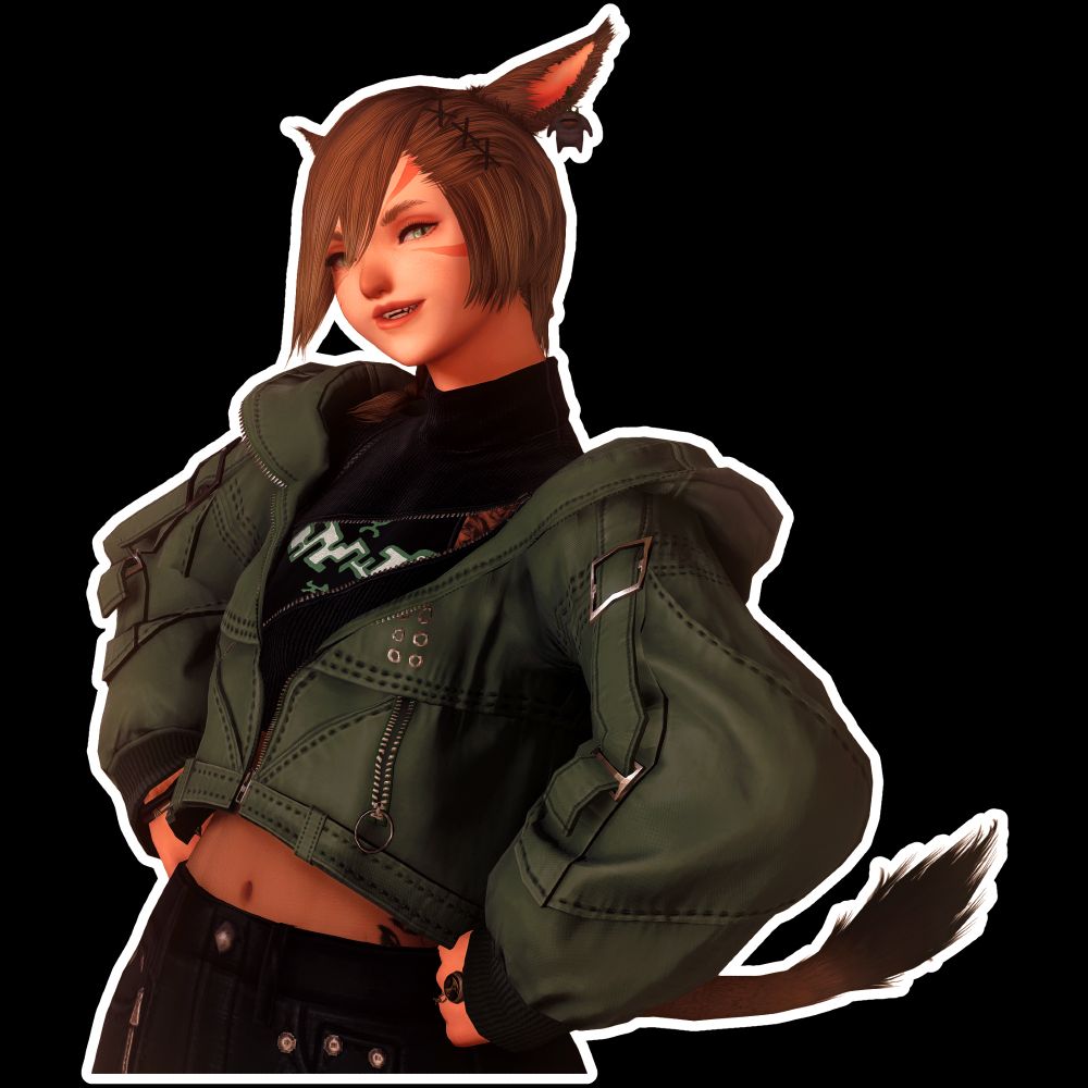 a sticker of a nonbinary miqo'te from final fantasy 14. they're posing with their fists against their hips and looking at you with mischievous glee