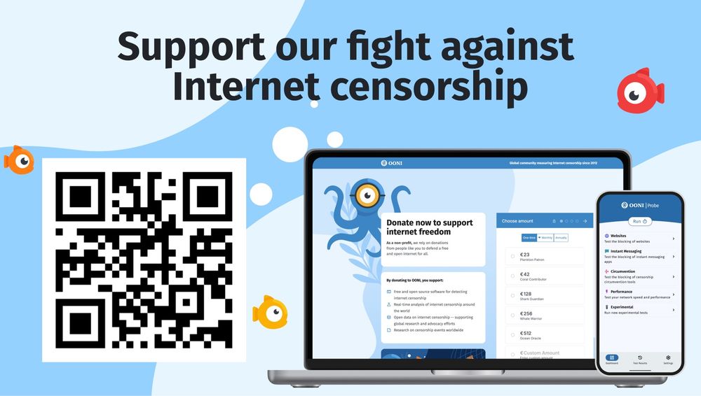 Illustration with QR code leading to the donations page saying 'Support our fight against internet censorship'