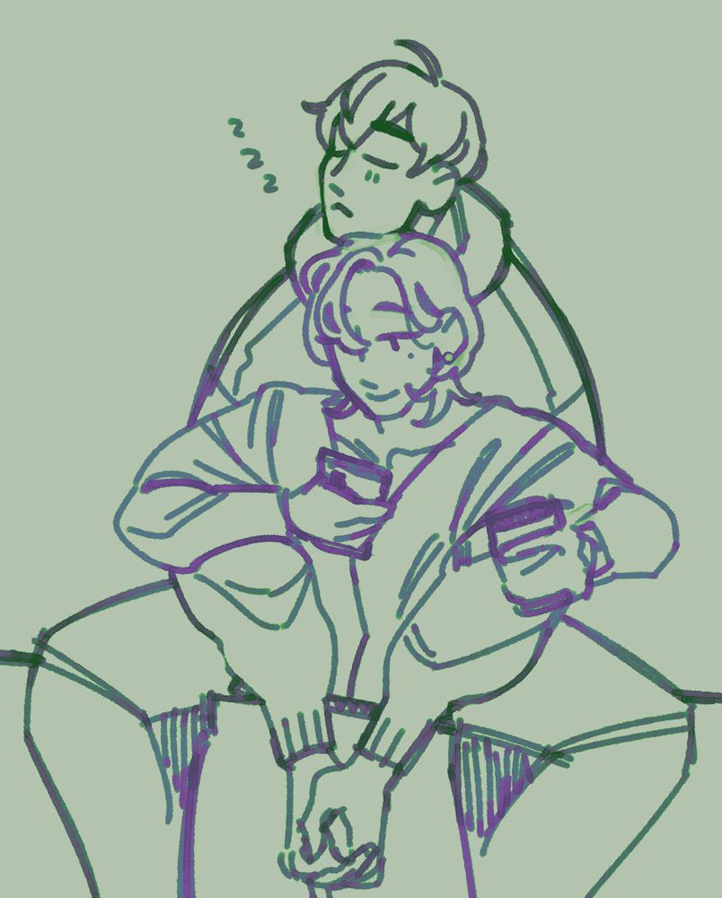 Yu Hamin and Han Noah from group PLAVE. Hamin is sitting above Noah, resting his head on Noah's head while Noah scrolls on his phone.