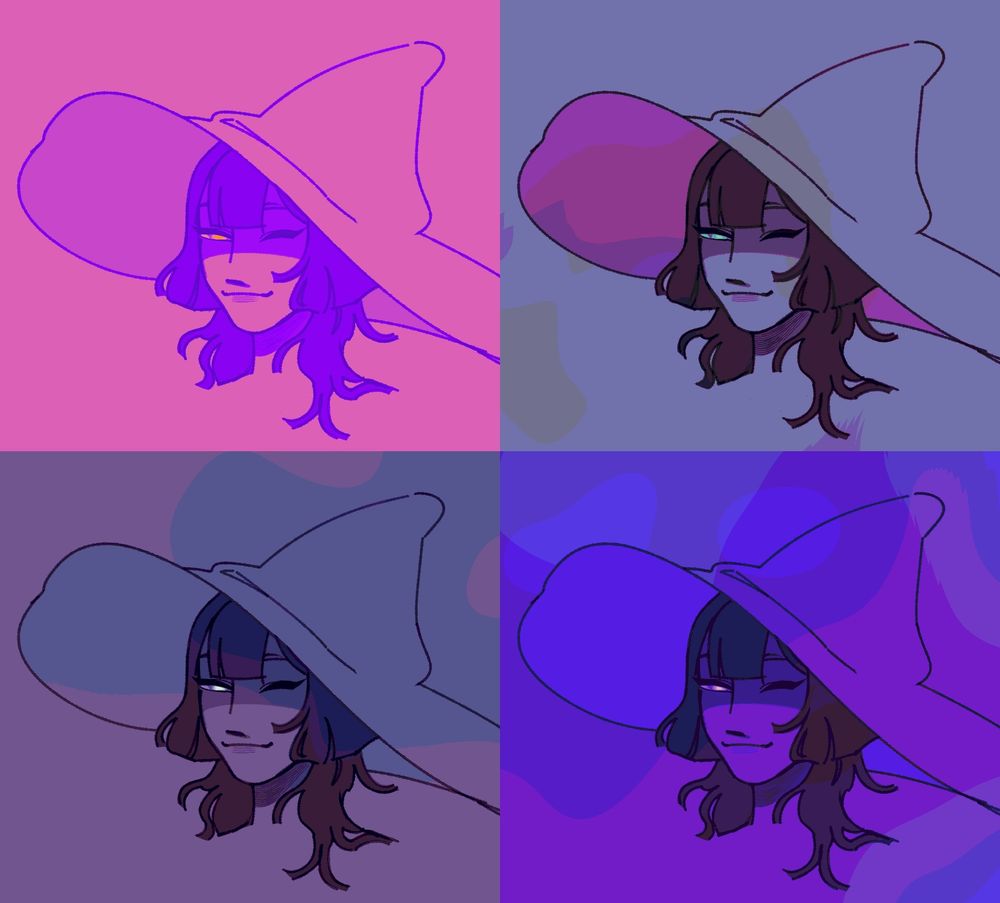 Four duplicated headshots of a human depiction of Prune Juice Cookie from Cookie Run: Kingdom in different purple-toned color palettes