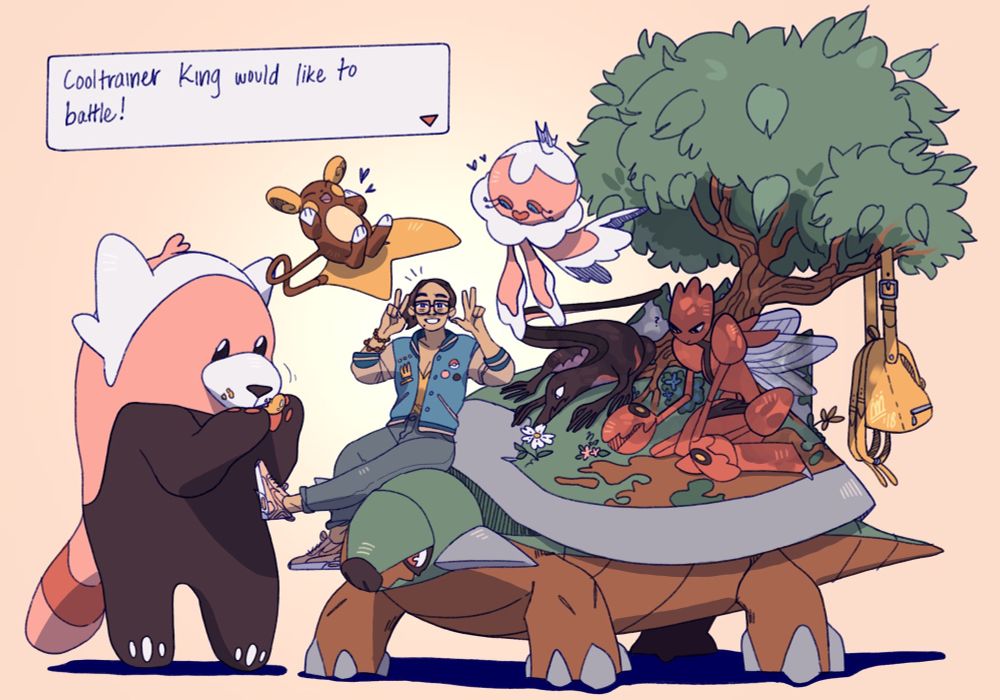 Artist sitting on pokemon torterra's neck, surrounded by bewear, alolan raichu, jellicent, salazzle, and scizor