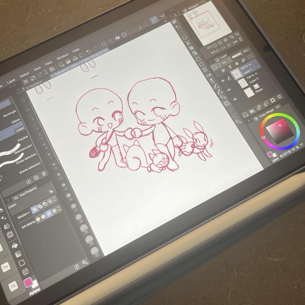 An ipad with a rough sketch of two people in chibi-style, holding hands and walking, with the pokemon pachirisu and umbreon at their sides