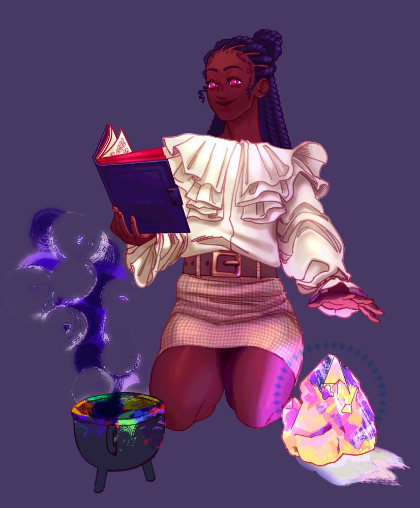 Farmer from game Stardew Valley, Alcina Sola. She is kneeling while holding a purple and red book, other hand hovering over a large glowing crystal with a small cauldron smoking to her right.