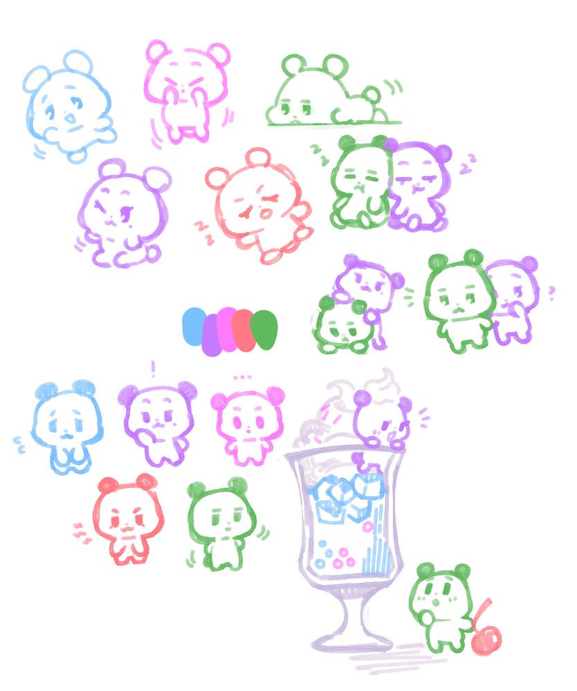 Several depictions of the Plave MMMMs, meymu muhmo miimu moi and meowmi 