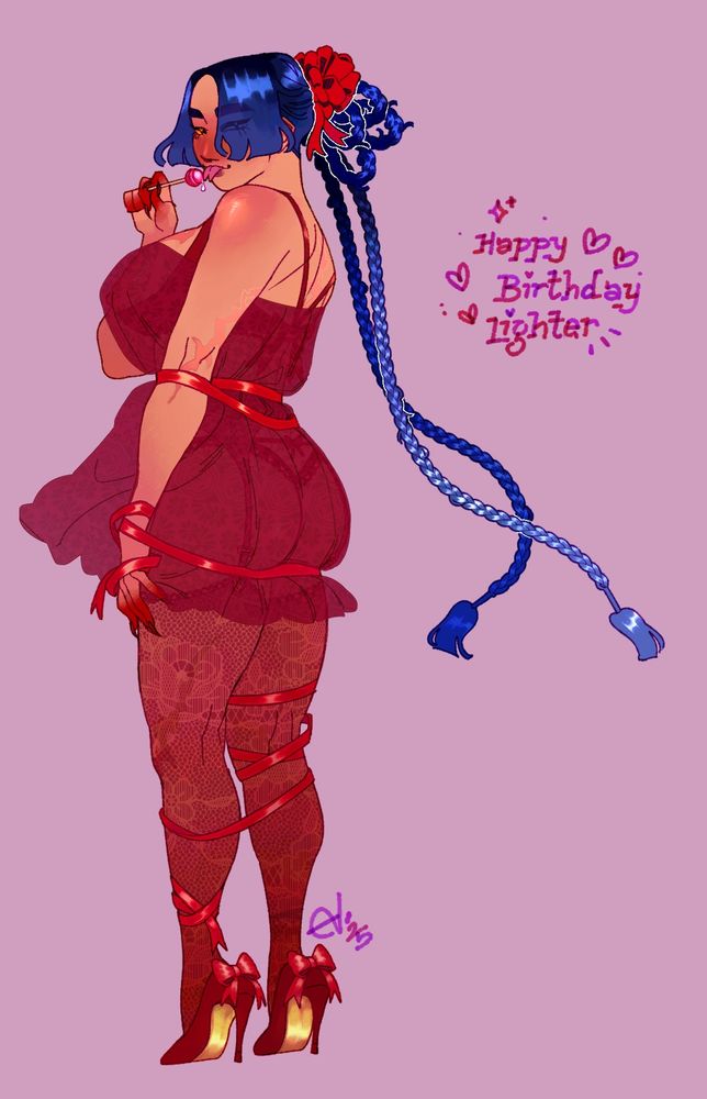Pin-up style art of Rune Cauda, original character from Zenless Zone Zero. Her back is to the viewer, wrapped loosely in ribbon. There is a sheer dress on top of her outfit, censoring what she is wearing underneath. Unlike the last version of this photo, it is in full color. 
Text reads: Happy Birthday Lighter