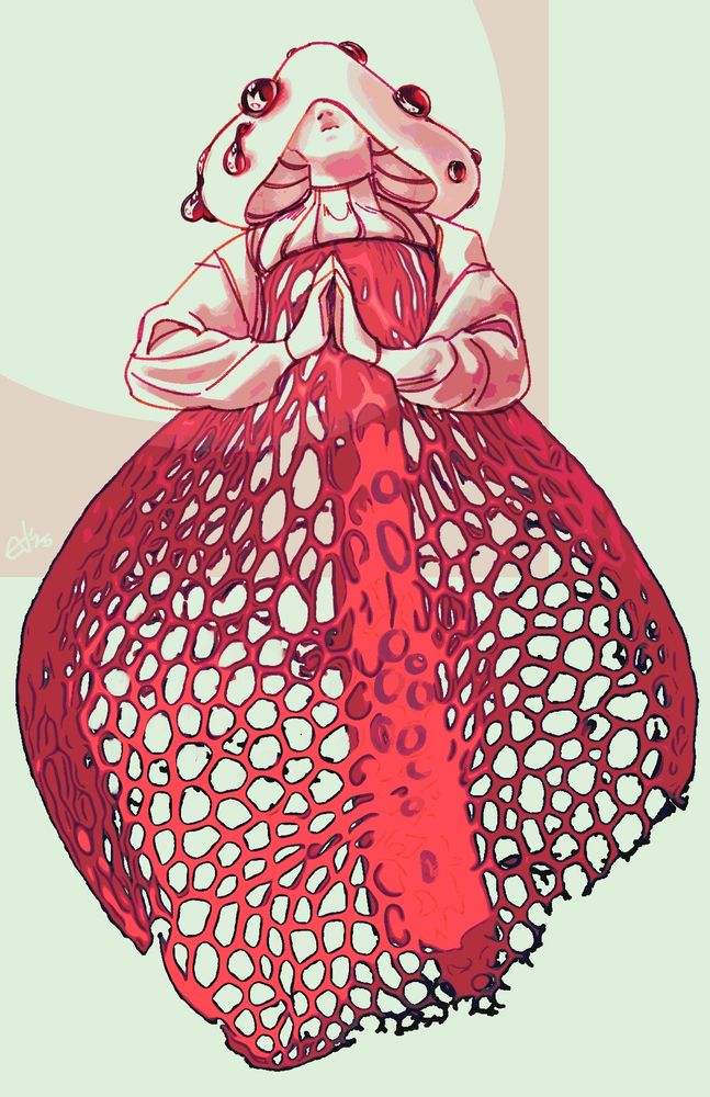 Depiction of a mushroom god, referencing the painting The Immaculate Conception by Guidi Reni. A figure with a devil's cap mushroom over their eyes prays, their dress made up of the mesh of a stinkhorn mushroom. The Red Crown is reflected in the blood-like sap on the figure's head.