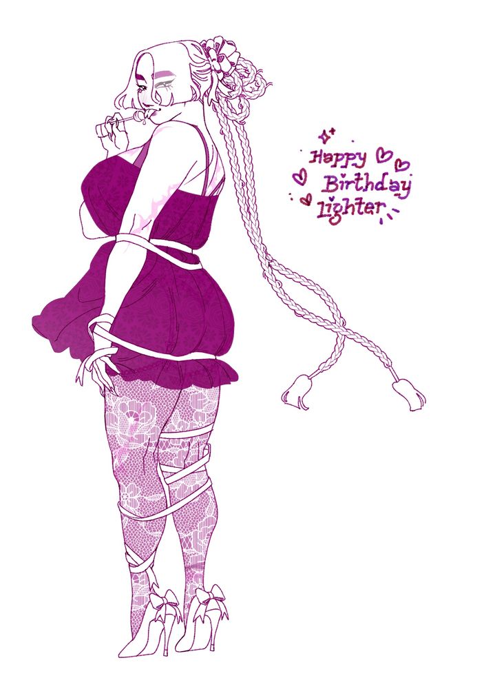 Pin-up style art of Rune Cauda, original character from Zenless Zone Zero. Her back is to the viewer, wrapped loosely in ribbon. There is a sheer dress on top of her outfit, censoring what she is wearing underneath. Text reads: Happy Birthday Lighter