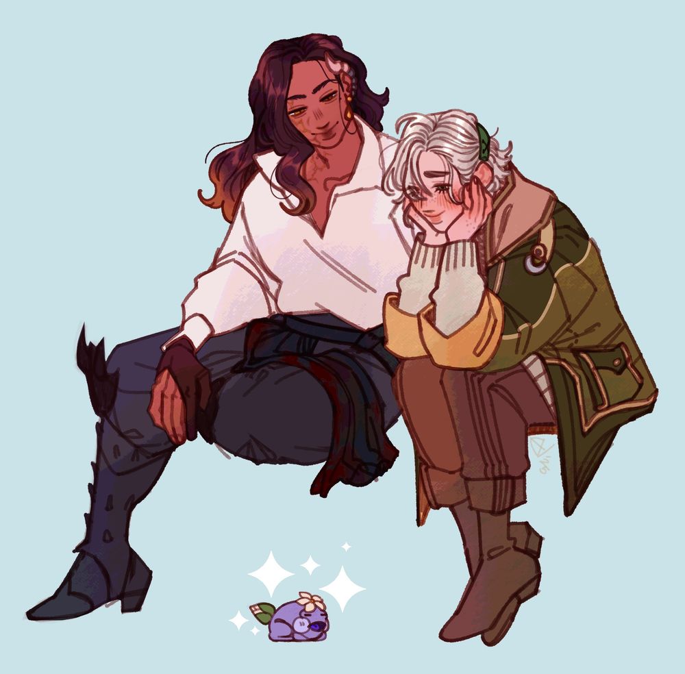 Erik, character from game Monster Hunter: Wilds, sitting while observing a blue frog beneath him. Original character Sira looks at Erik adoringly, sitting at his side.