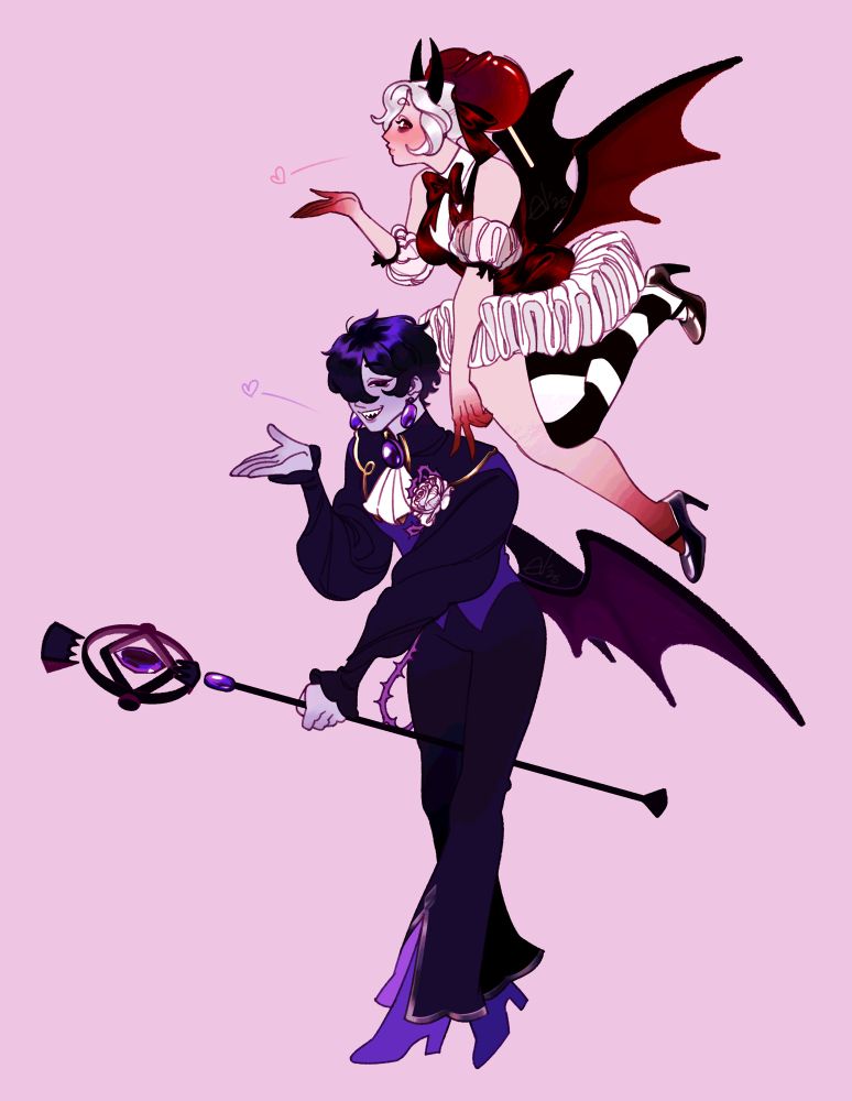 Cookie Run: Kingdom fanart - candy apple cookie hovering above black sapphire cookie, balancing herself with one hand on his shoulder. They're both blowing a kiss.