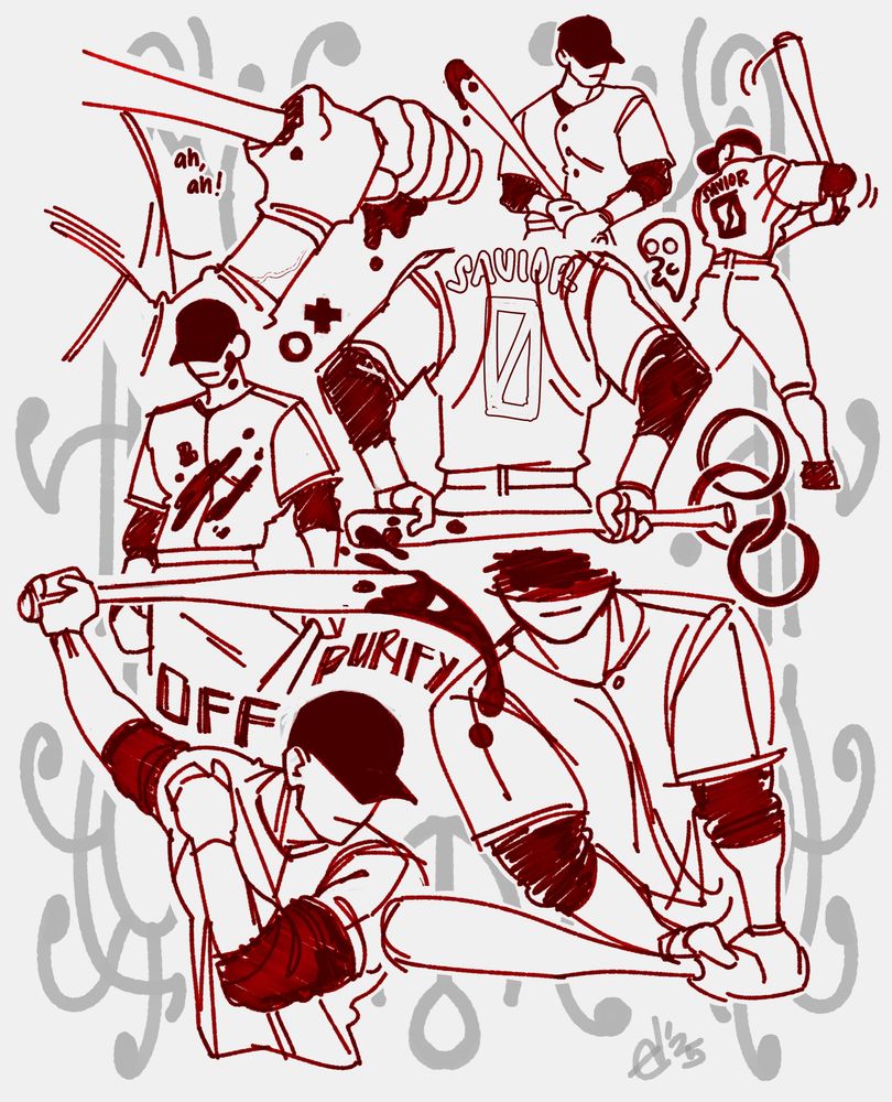 Several depictions of The Batter from Off by Mortis Ghost, swinging or holding his baseball bat. His jersey reads "SAVIOR" with the number zero. The picture is bordered by final boss enemies Delta, Sigma, and Ipsilon.
Text reads: ah, ah! / OFF / PURIFY