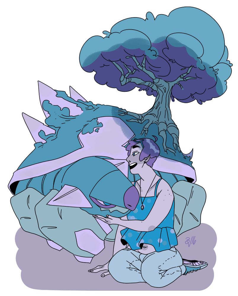 Artist kneeling holding pokemon torterra's head