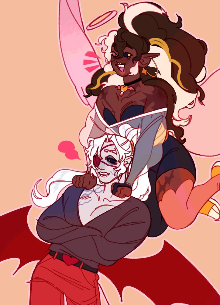 Crop of commission. Characters drawn and sourced from pxlpastry.bsky.social, Anael and Blair. Anael is above Blair, his hands on their shoulders. Anael has an angel motif and Blair has a devil motif.