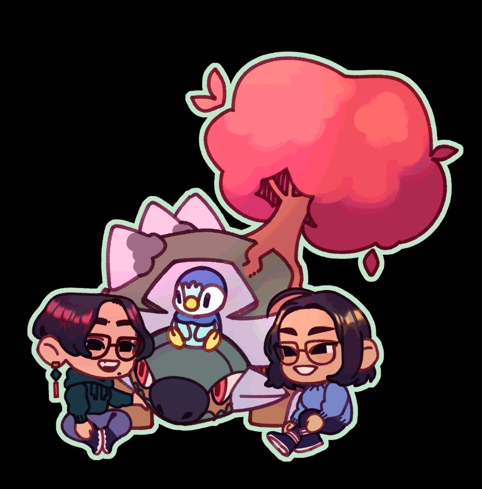 chibi style illustration of two people with the pokemon torterra and piplup between them
