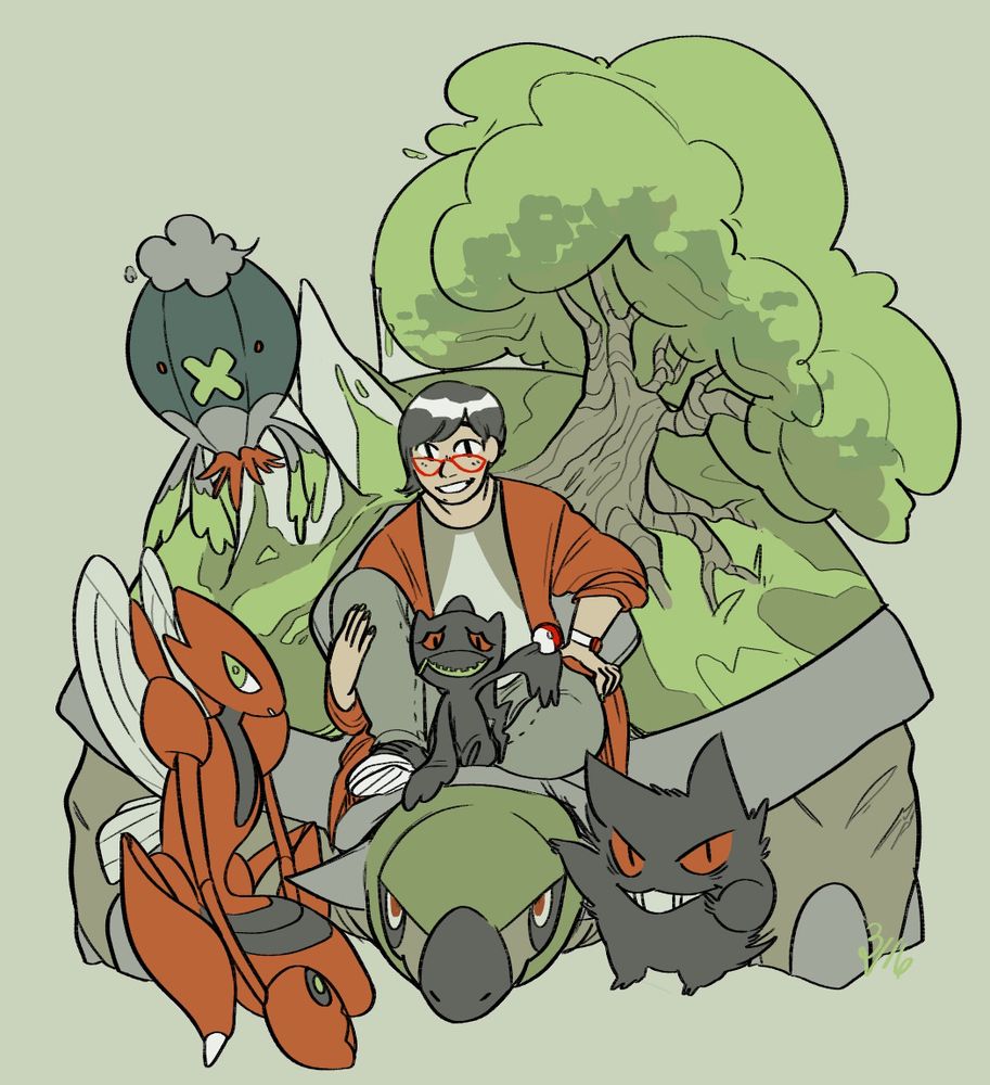Artist sitting on pokemon torterra's neck, surrounded by drifloon, banette, scizor, and gengar