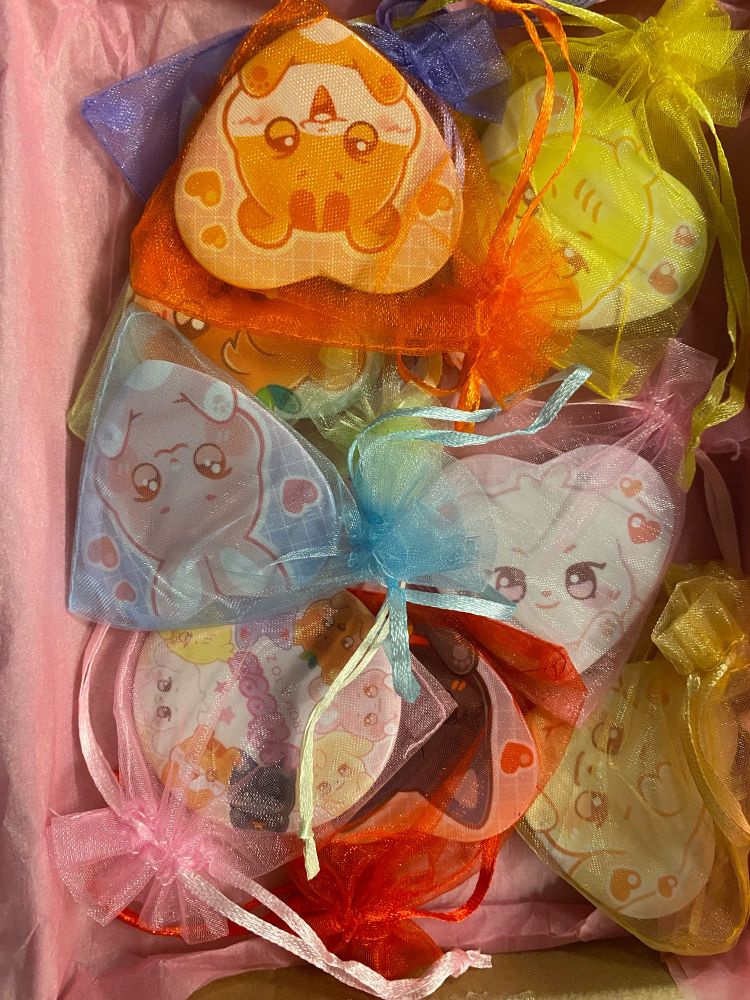 Picture of the 9 pins that I ordered from @ssuupernova’s Etsy shop all of them in cute little mesh see through baggies