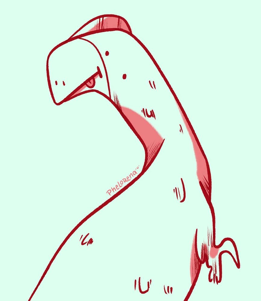 Eine sehr simple comic Illustration von einem Gigantoraptor der derpy schaut.