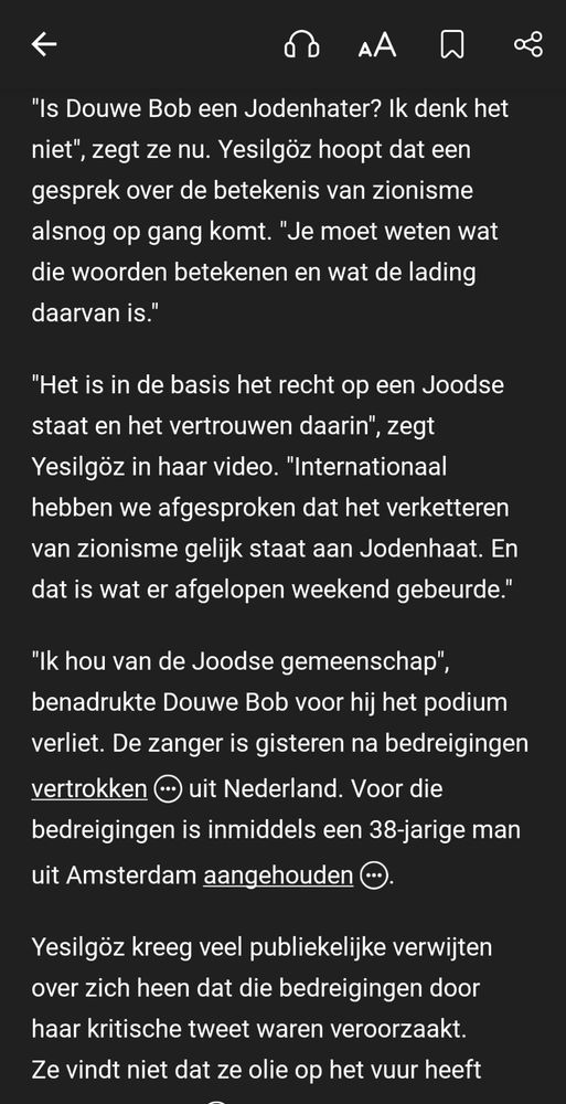 Tekst van NOS app over Yesilgoz die het heeft over Douwe Bob en zijn zogenaamd antisemitische uitspraken.