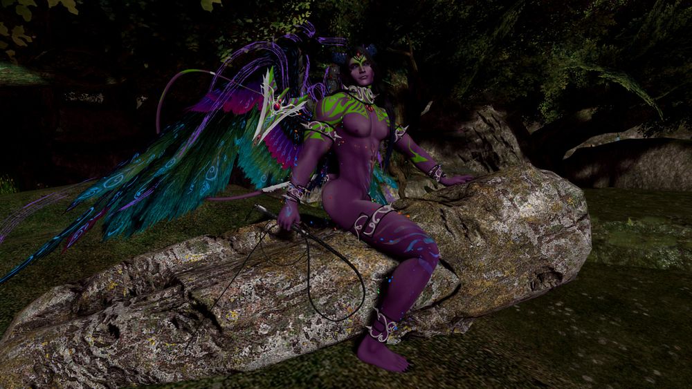 Purple incubus sitting on a rock.