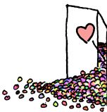 White background with drawing of an open door. Colorful playpen balls have fallen out through the door. A heart shape shows, with a line showing it's coming from the inside of the door. This is a snippet of the final panel of XKCD comic number 150.