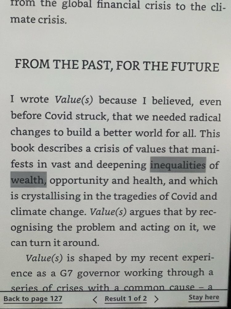 A screenshot of Mark Carney’s book “Value(s)” where he references “inequalities of wealth”
