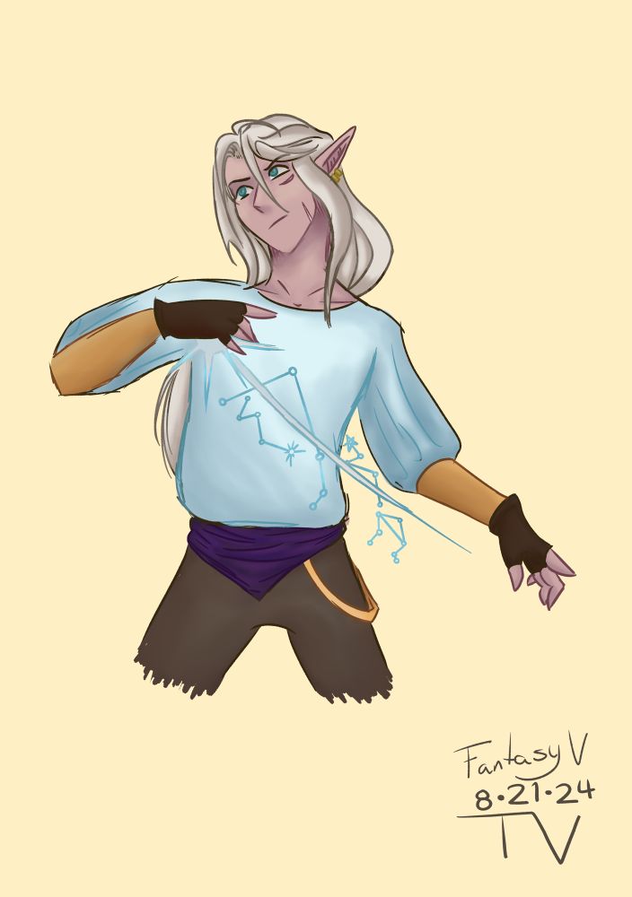 a drawing of a white haired elf casting magic