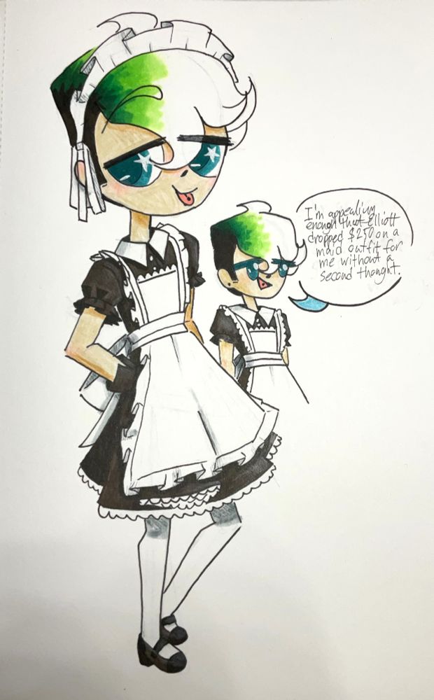 A drawing of Devon in a cute maid dress that goes down to his knees. A smaller drawing of him in the same dress has him saying “I’m appealing enough that Elliott dropped $250 on a maid outfit for me without a second thought.” (Elliott is his roommate/best friend)